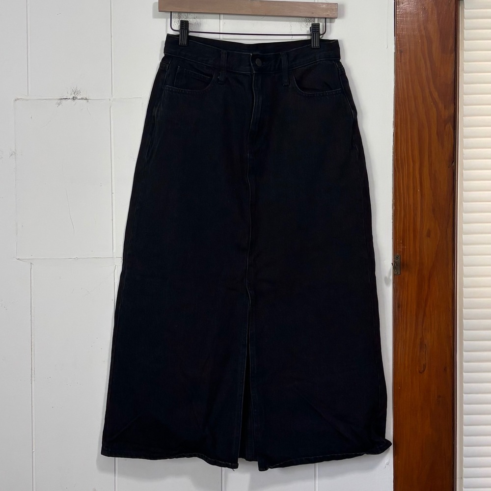 Uniqlo Black Denim Midi Skirt High Waisted Front Slit 100% Cotton Size 4 Modest